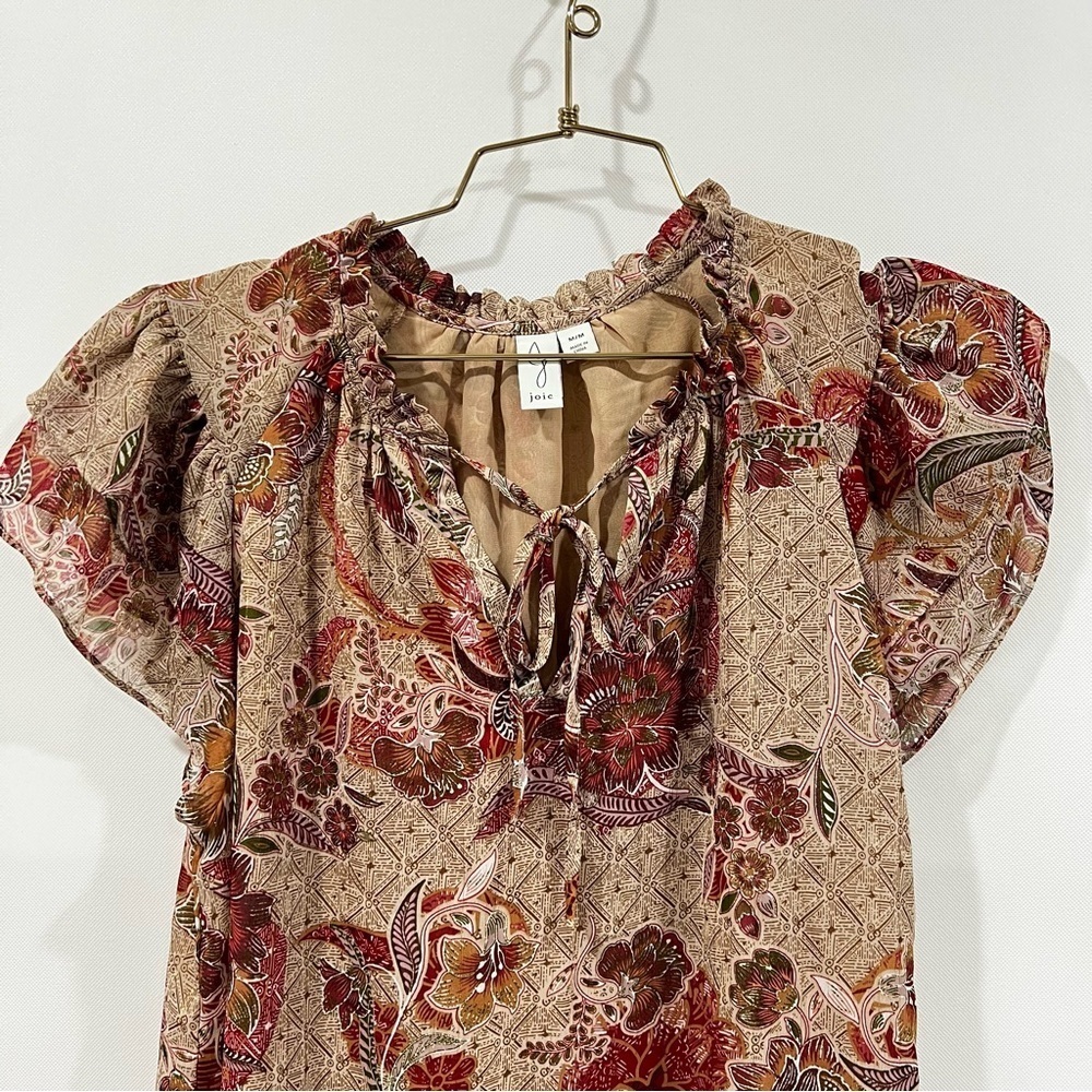 Joie Floral metallic Cap Ruffle Sleeve Size Medium Lined Brown Red Blouse Top - Picture 8 of 11